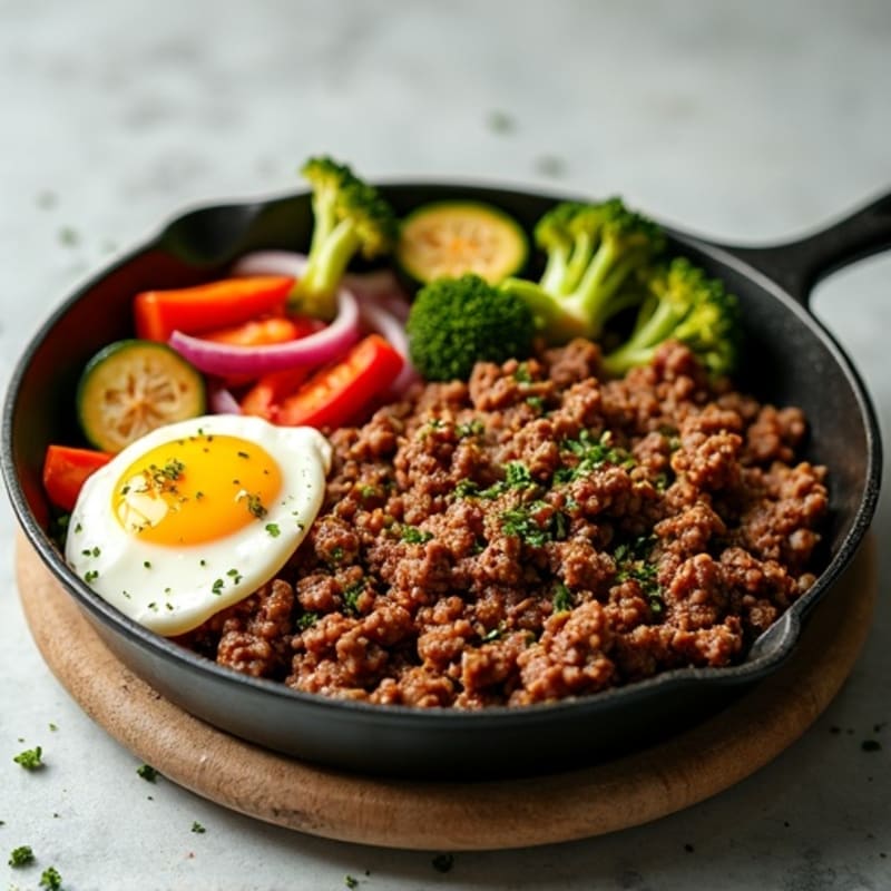 Lean Ground Beef and Crispy Roasted Vegetable Skillet