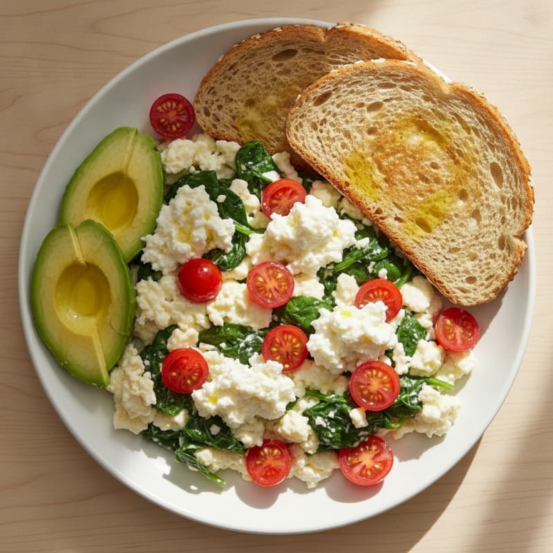 Egg White Spinach Scramble with Cottage Cheese and Cherry Tomatoes