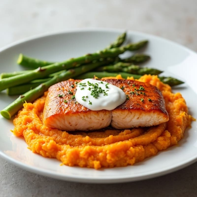 Seared Salmon Fillet with Steamed Asparagus and Sweet Potato Mash