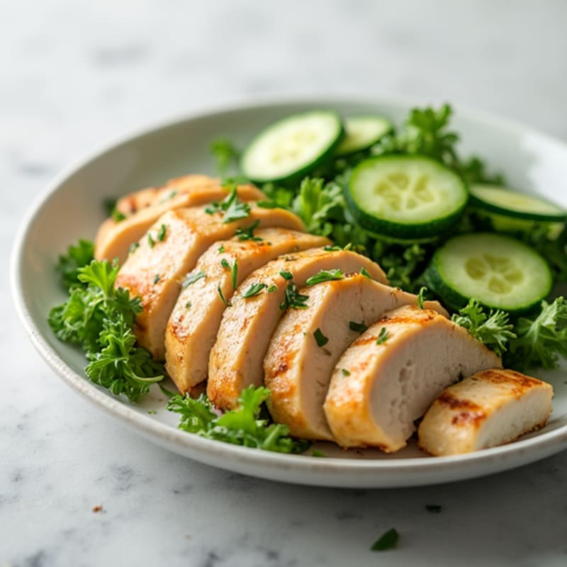 Grilled Chicken Breast Slices with Cucumber Spears