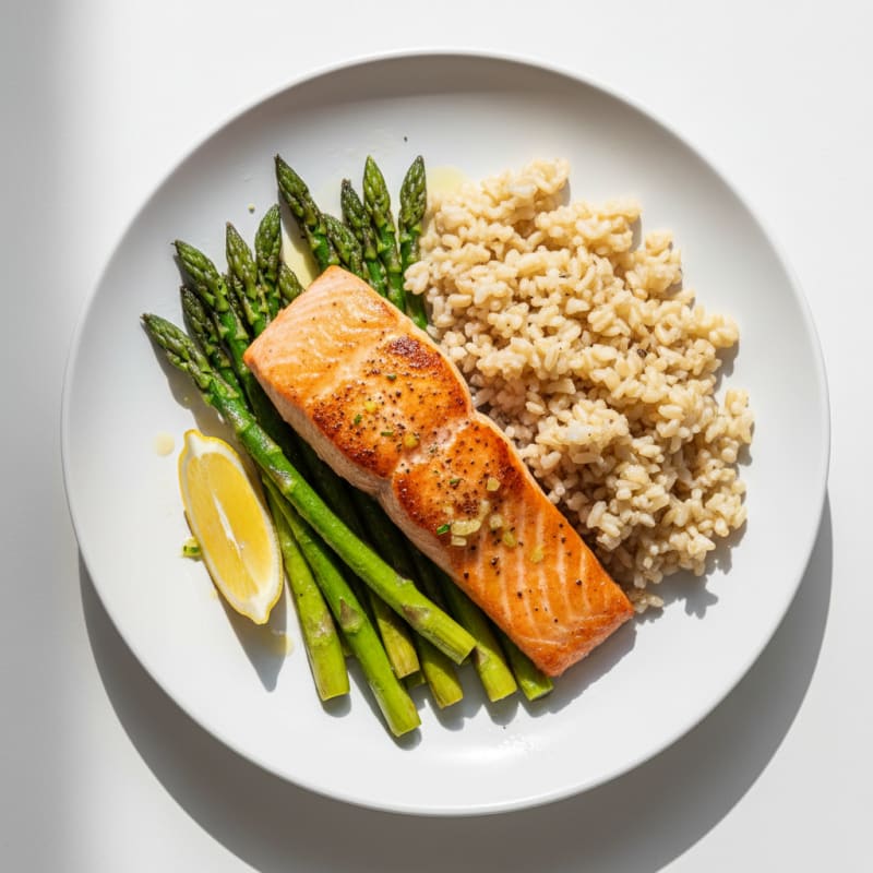 Seared Salmon with Roasted Asparagus and Brown Rice