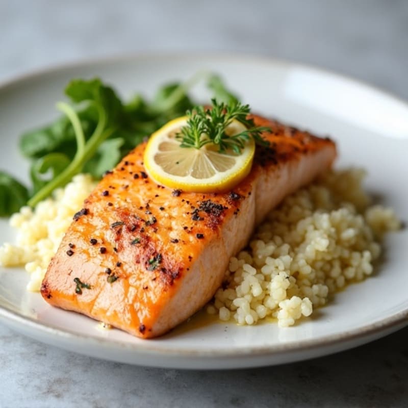 Creamy Garlic Butter Pan-Seared Salmon with Cauliflower Rice