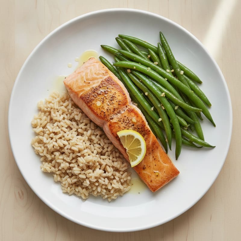 Seared Salmon with Garlic Green Beans and Brown Rice