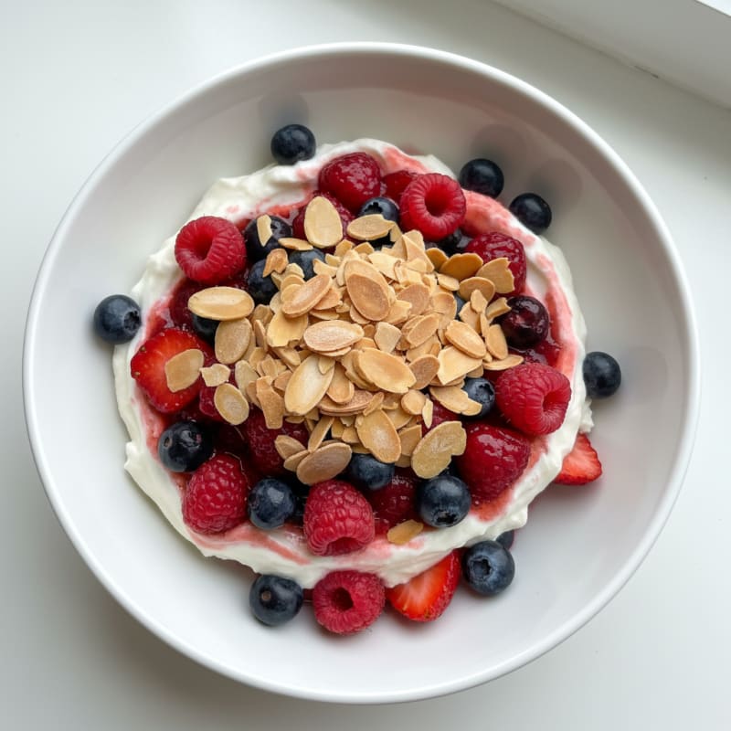 Greek Yogurt Protein Parfait with Mixed Berries and Almonds