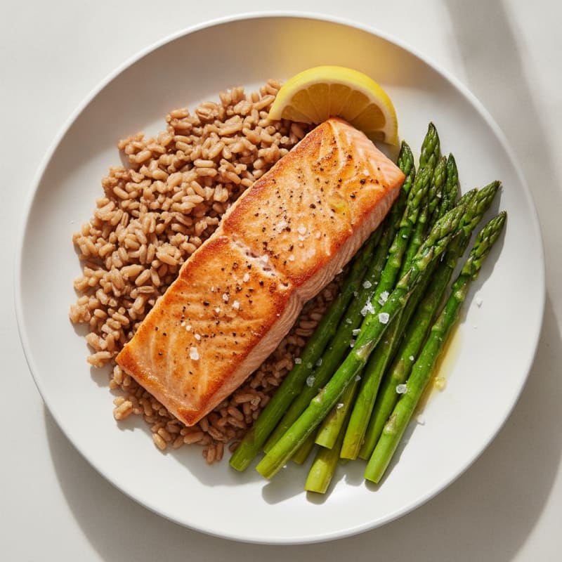 Seared Salmon Fillet with Steamed Asparagus and Brown Rice
