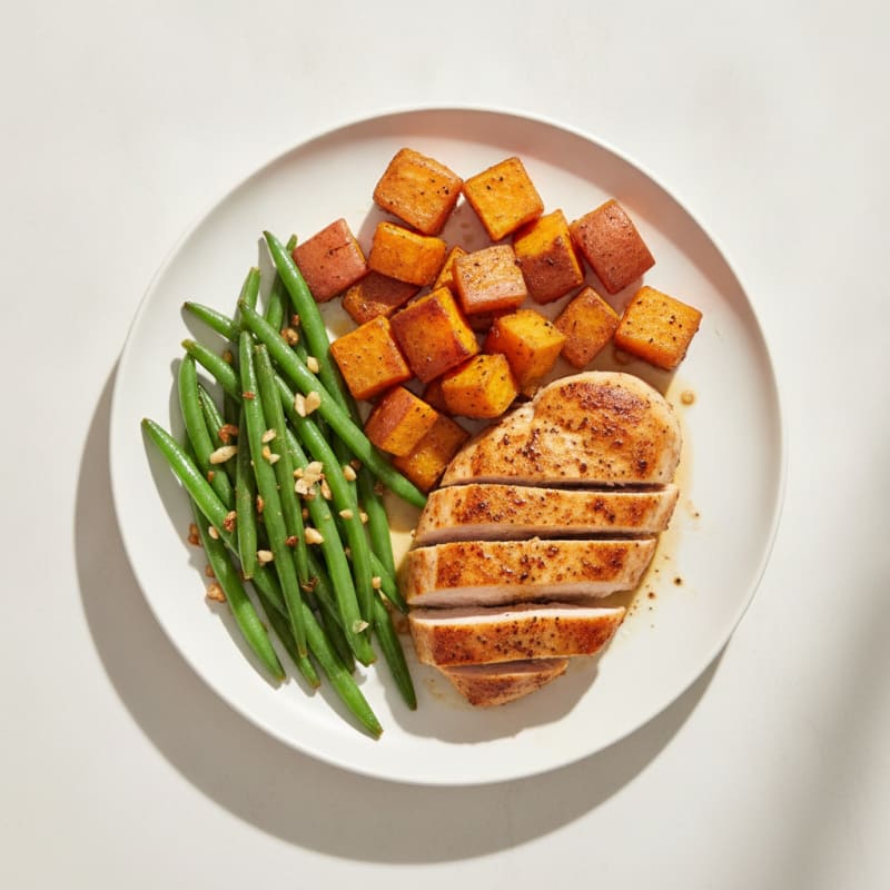 Seared Turkey Breast with Roasted Sweet Potatoes and Green Beans