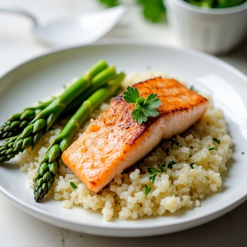 Seared Salmon with Steamed Asparagus and Herbed Cauliflower Rice