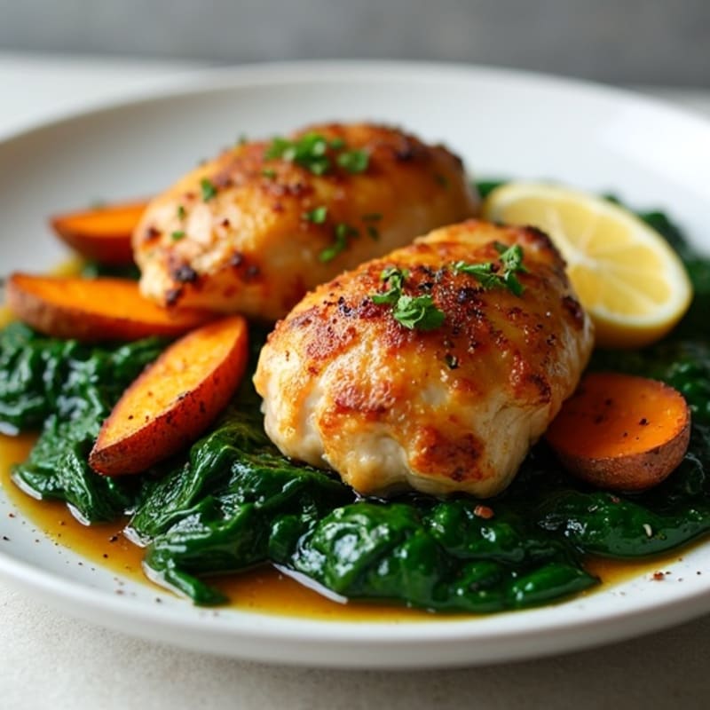 Garlic Herb-Roasted Chicken Thighs with Crispy Sweet Potato Wedges and Sautéed Spinach