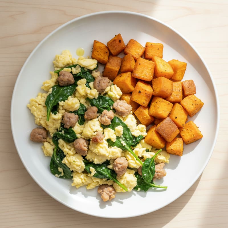 Egg White and Turkey Sausage Scramble with Spinach and Roasted Sweet Potato