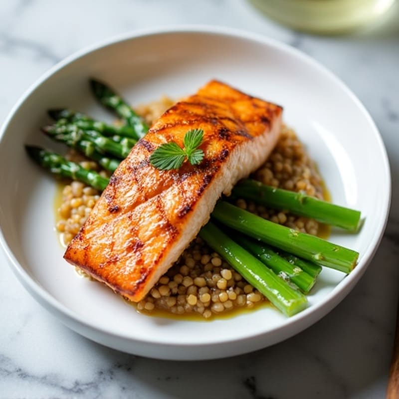 Seared Salmon with Steamed Asparagus and Lentil Mash