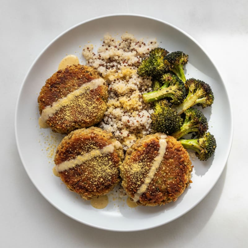 Crispy Lentil Patties with Quinoa and Roasted Broccoli