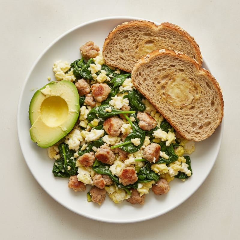 Crispy Turkey Sausage and Egg White Scramble with Spinach
