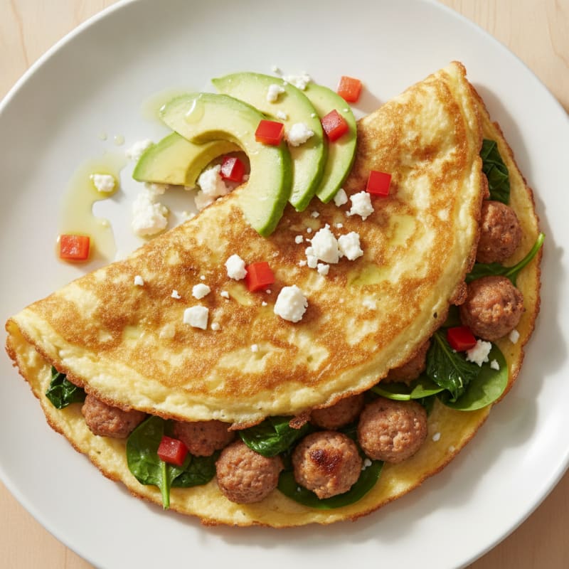 Crispy Egg White Omelette with Turkey Sausage and Spinach