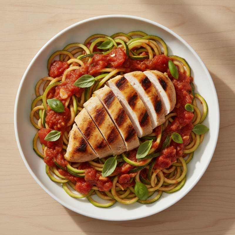 Grilled Chicken Breast with Zucchini Noodles and Tomato Basil Sauce