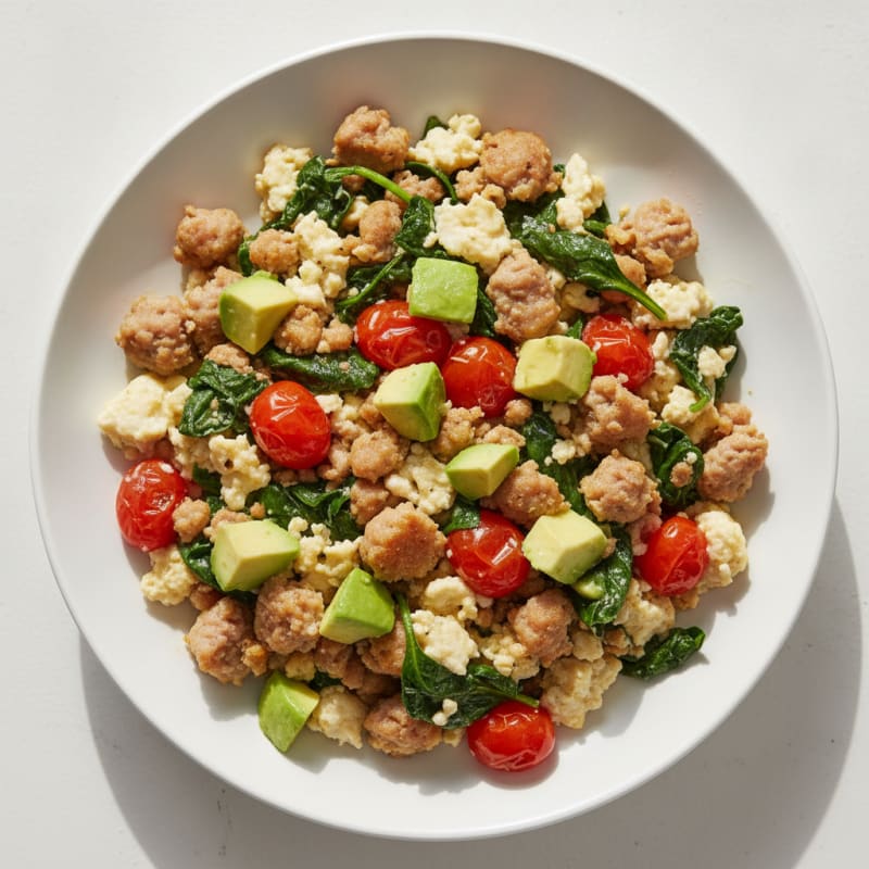 Egg White and Turkey Sausage Scramble with Spinach and Cherry Tomatoes