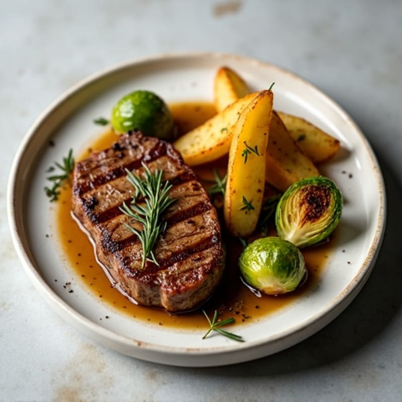 Seared Sirloin Steak with Roasted Brussels Sprouts and Herb Potato Wedges