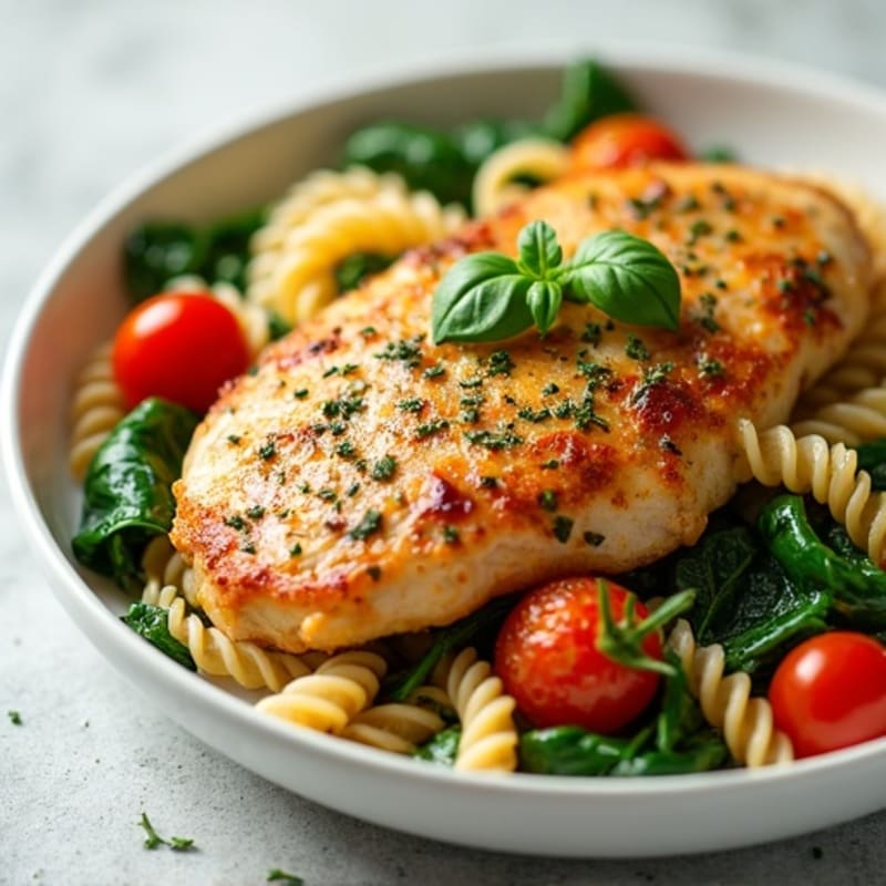 Lemon-Herb Chicken Pasta with Roasted Cherry Tomatoes and Spinach