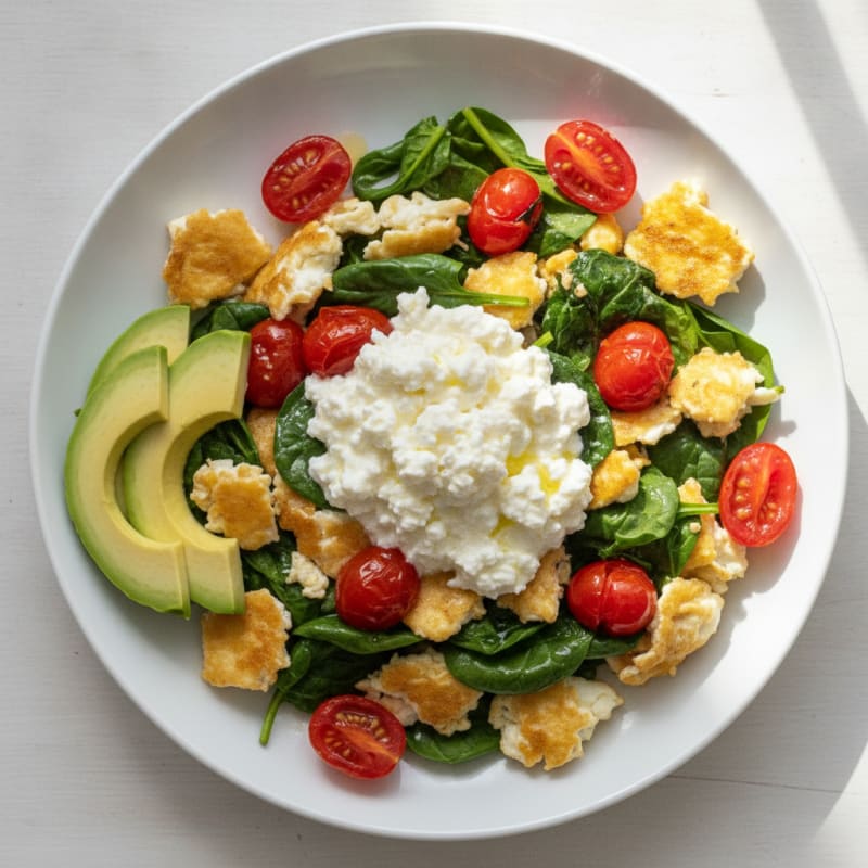 Cottage Cheese Egg White Scramble with Spinach and Tomatoes