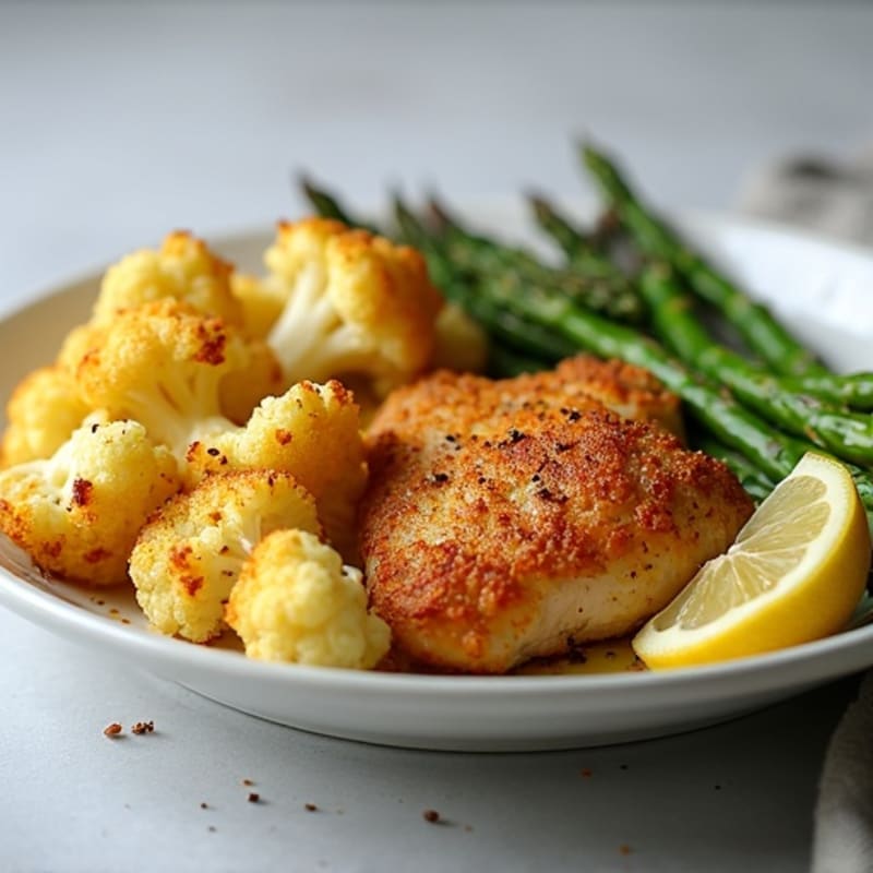 Crispy Roasted Cauliflower with Lemon-Garlic Chicken and Asparagus