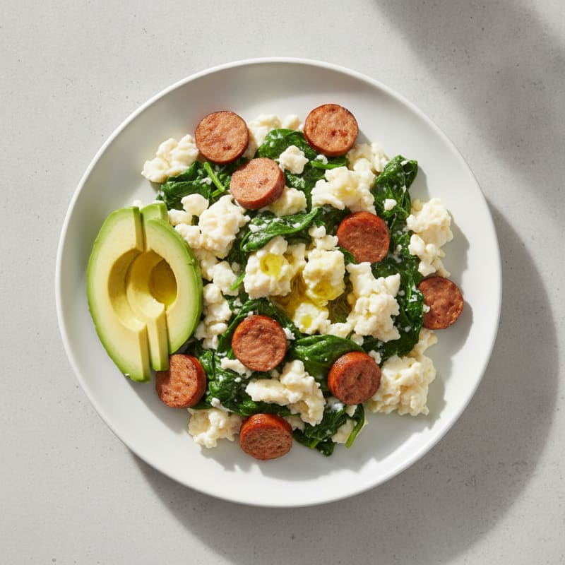 Egg White Spinach Scramble with Turkey Sausage