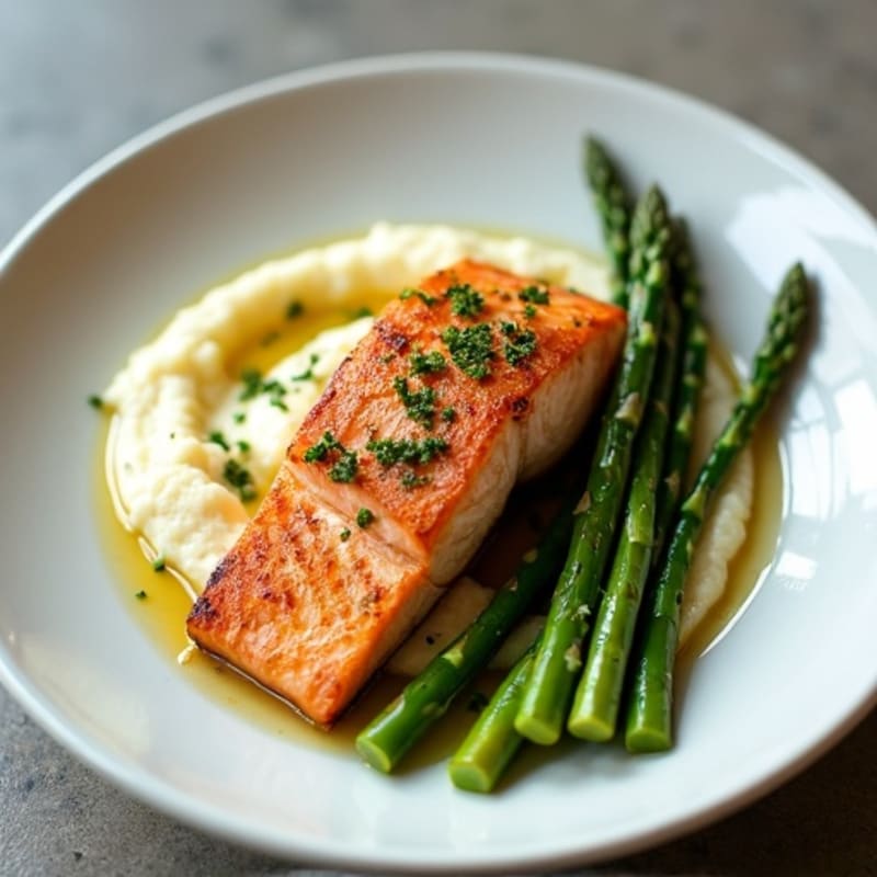 Seared Salmon with Garlic Asparagus and Cauliflower Mash