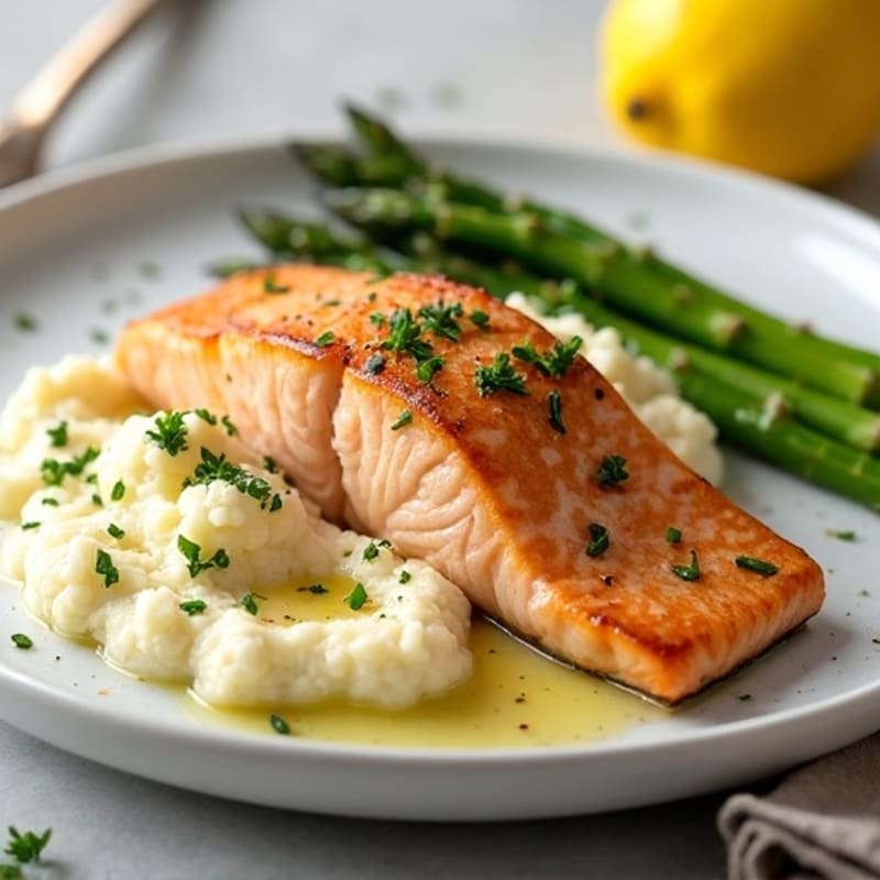 Seared Salmon with Steamed Asparagus and Cauliflower Mash