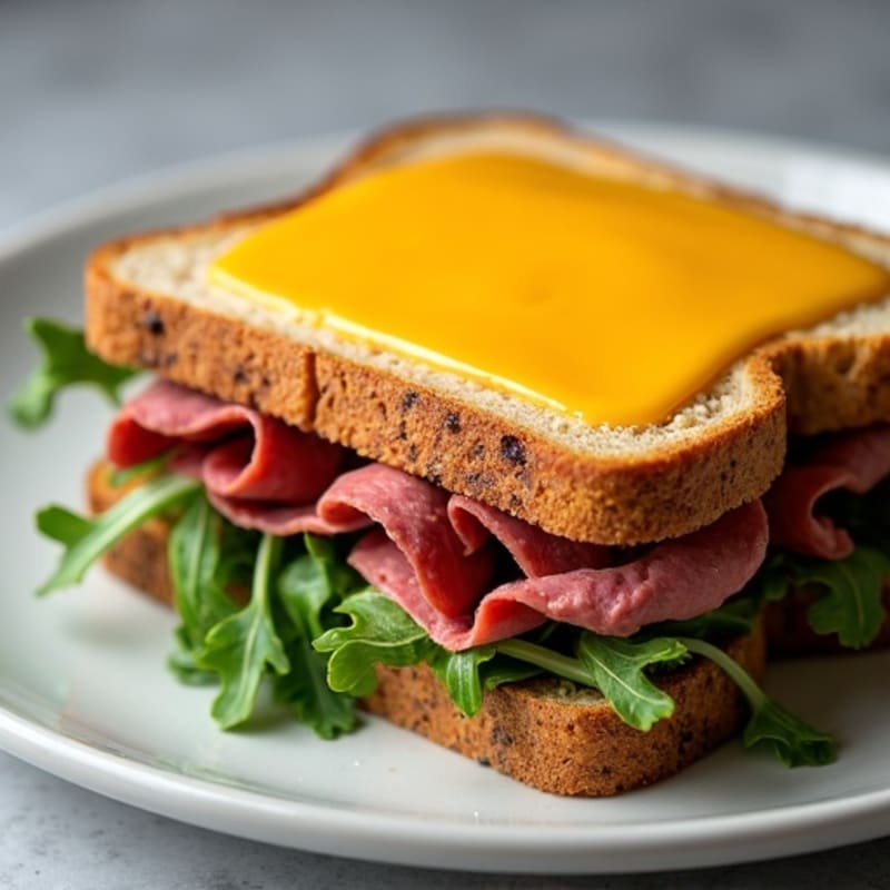 Lean Roast Beef and Sharp Cheddar Crispy Open-Faced Sandwich with Fresh Arugula