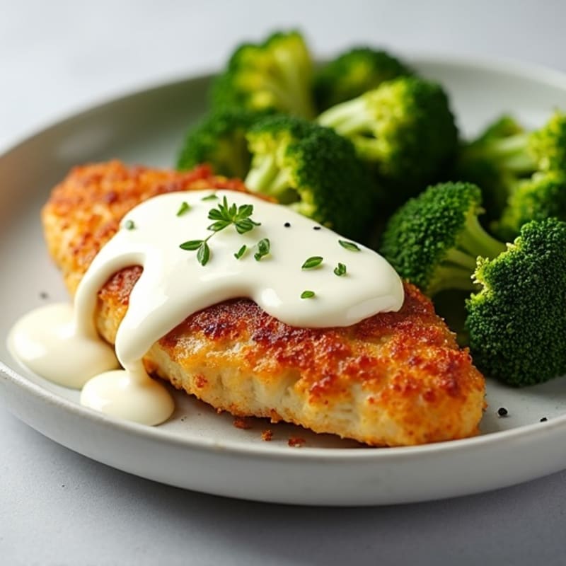 Crispy Chicken with Creamy Garlic Sauce and Roasted Broccoli