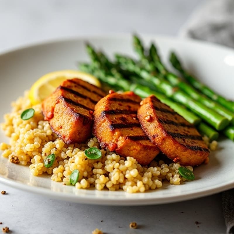 Grilled Tempeh with Quinoa and Steamed Asparagus
