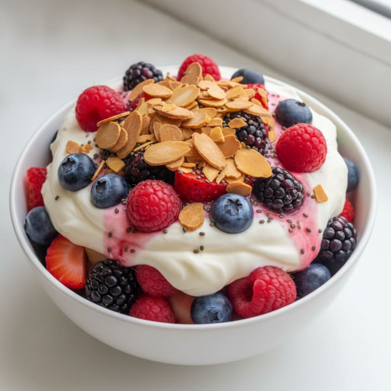 Greek Yogurt Protein Parfait with Mixed Berries and Almonds