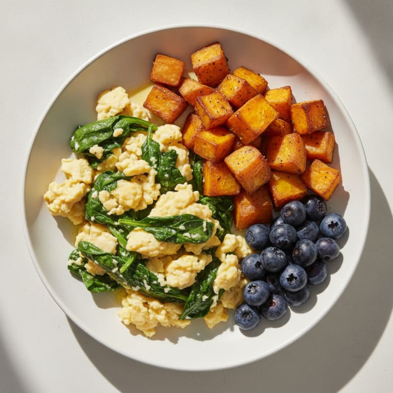 Scrambled Eggs with Sautéed Spinach and Roasted Sweet Potatoes