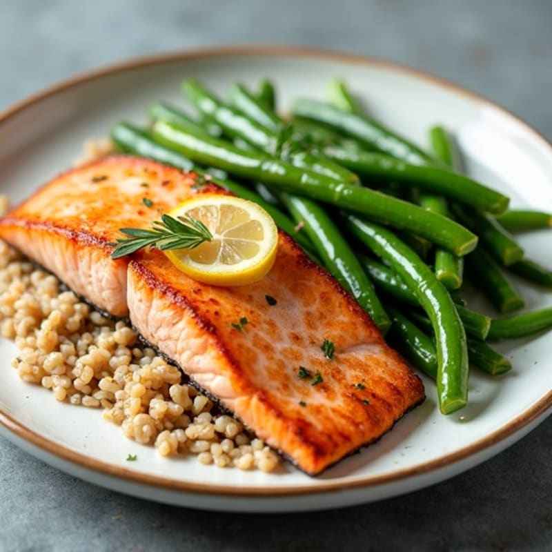 Seared Salmon with Garlic Green Beans and Brown Rice