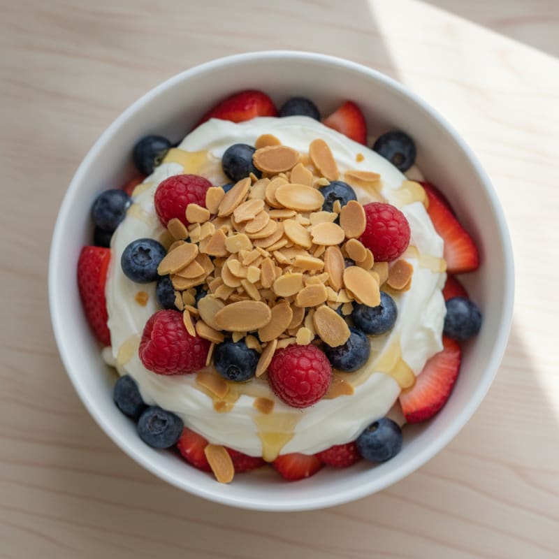 Greek Yogurt Parfait with Crunchy Almonds and Fresh Berries