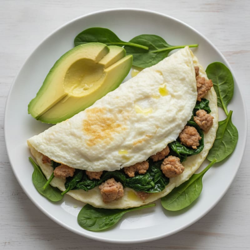 Egg White Omelet with Turkey Sausage and Sautéed Spinach