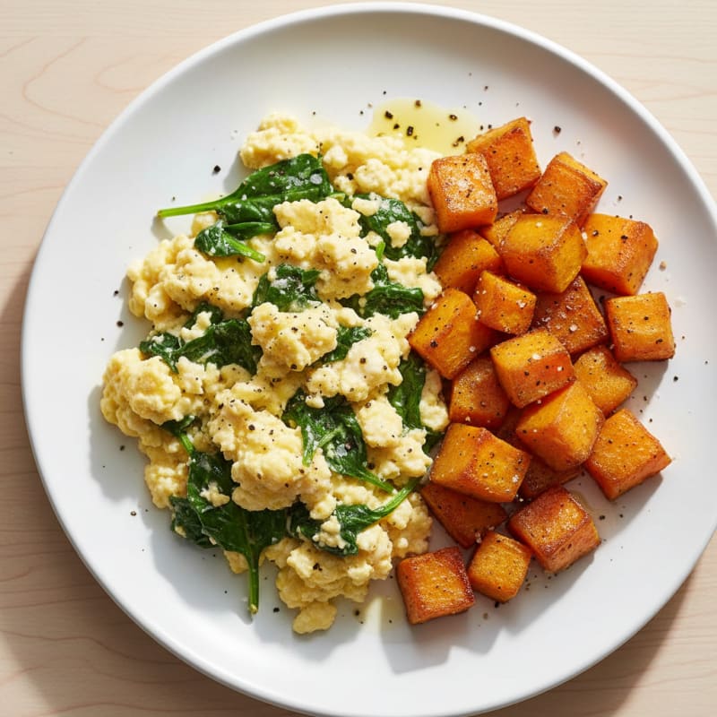 Cottage Cheese Egg Scramble with Spinach and Roasted Sweet Potato