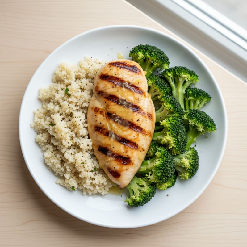 Grilled Lemon Chicken Breast with Quinoa and Steamed Broccoli