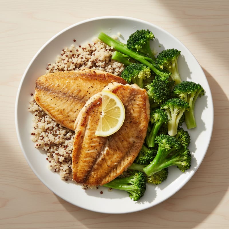 Seared Tilapia with Steamed Broccoli and Quinoa