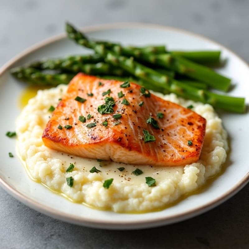 Seared Salmon with Steamed Asparagus and Cauliflower Mash