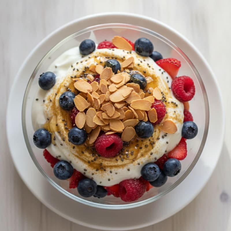 Greek Yogurt Protein Parfait with Mixed Berries and Almonds