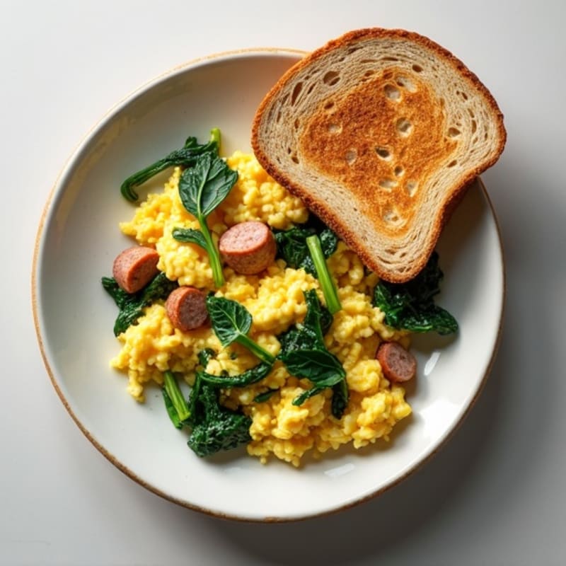 Egg White and Turkey Sausage Scramble with Sautéed Spinach