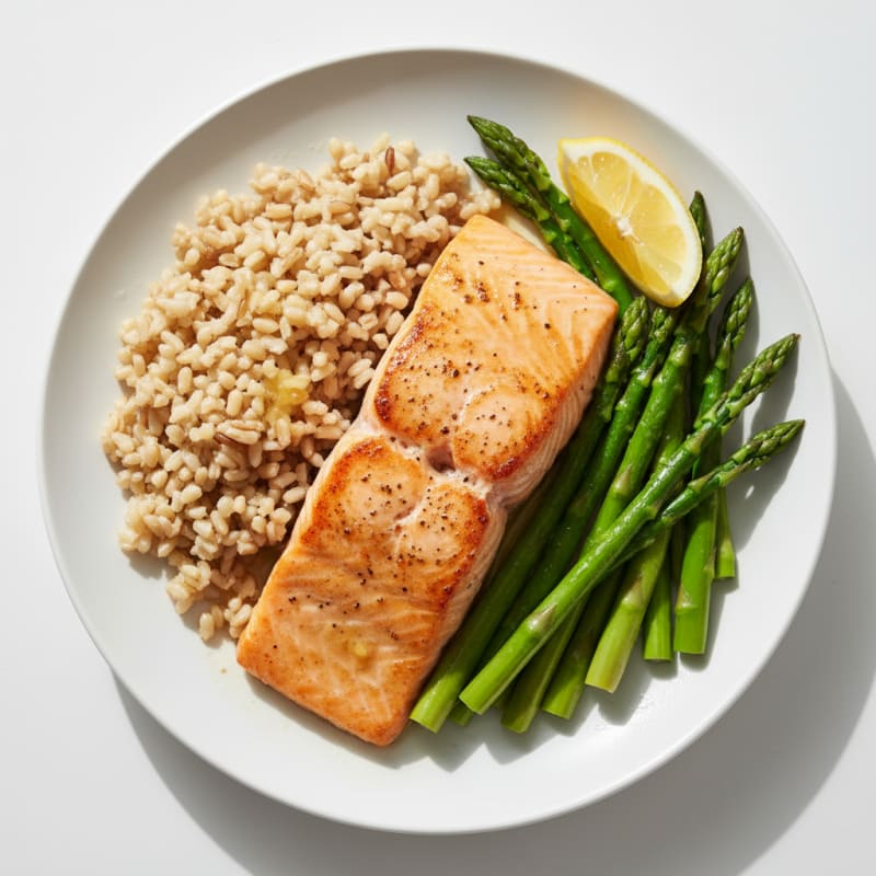 Seared Salmon with Steamed Asparagus and Brown Rice