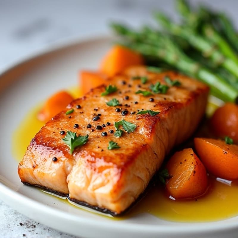 Seared Salmon with Roasted Sweet Potato and Asparagus