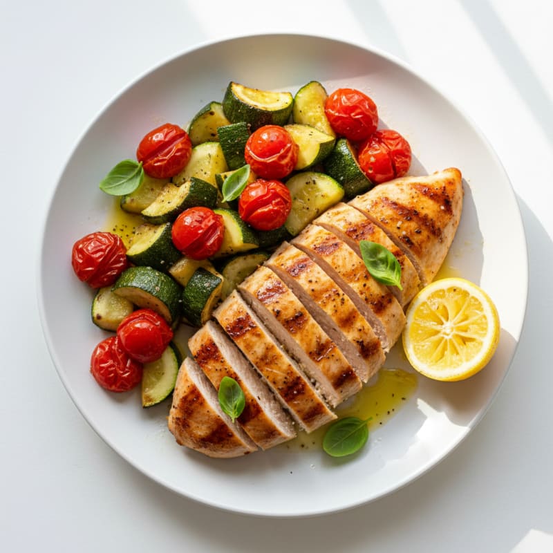 Grilled Chicken Breast with Roasted Zucchini and Cherry Tomatoes