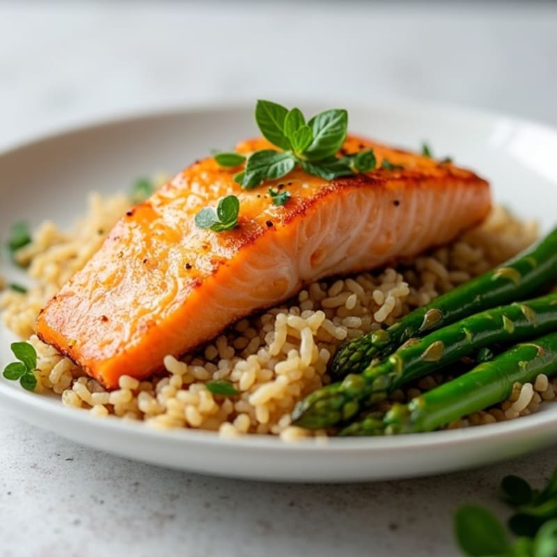 Seared Salmon with Steamed Asparagus and Brown Rice