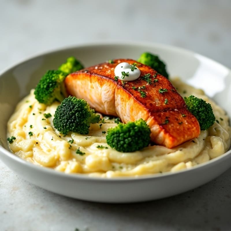 Seared Salmon with Roasted Broccoli and Garlic Cauliflower Mash