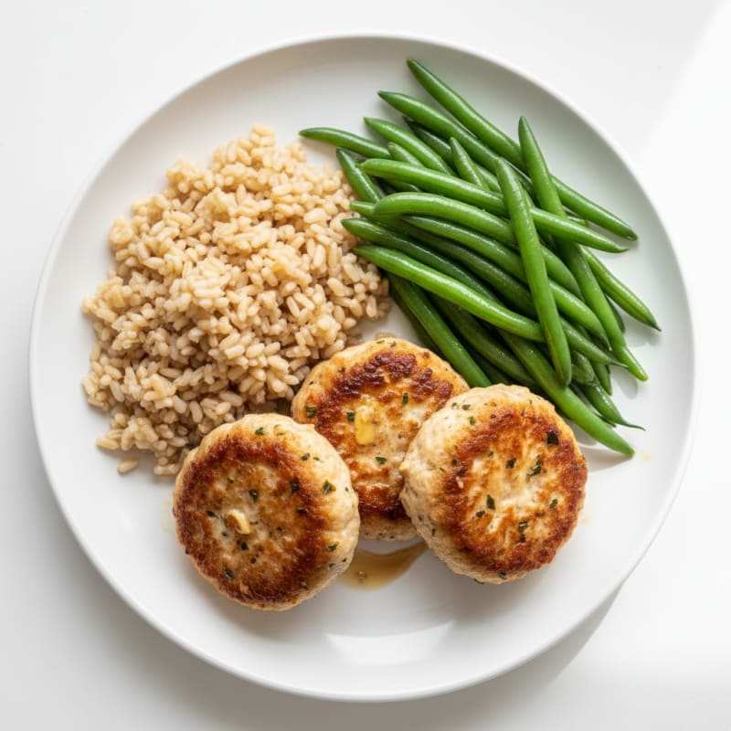 Seared Turkey Patties with Steamed Green Beans and Brown Rice
