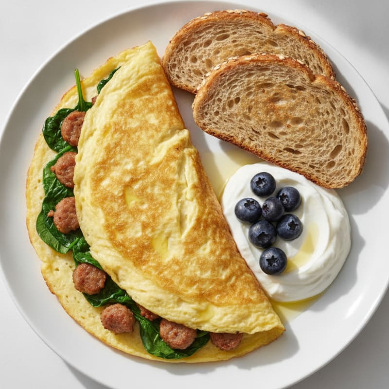 Egg White Spinach Omelette with Turkey Sausage and Greek Yogurt
