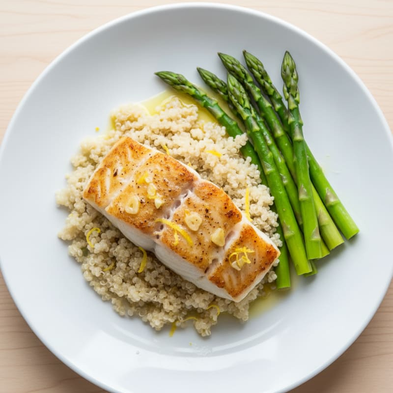 Seared Cod Fillet with Steamed Asparagus and Quinoa