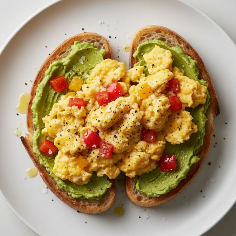 Scrambled Eggs with Bell Pepper and Avocado Sourdough