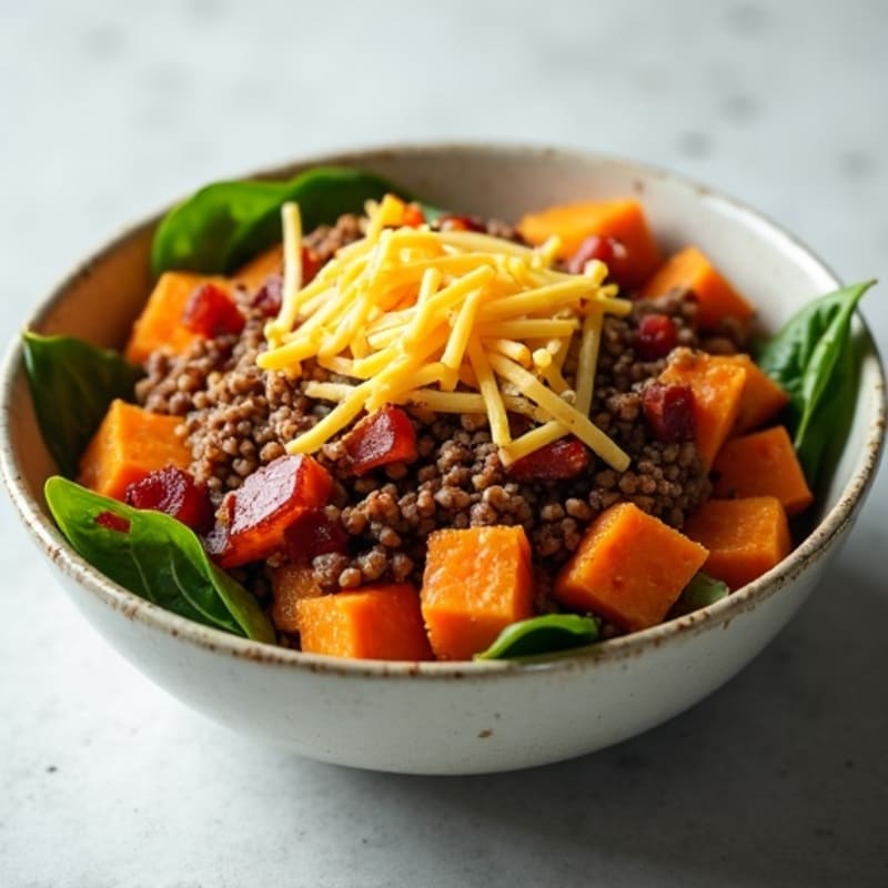 Hearty Lean Ground Beef Bowl with Roasted Sweet Potatoes, Crispy Turkey Bacon, and Creamy Cheddar Drizzle